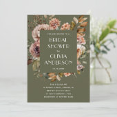 ミュートされたオリーブグリーンブライダルシャワー | ウッドランドボホ 招待状 (スタンド正面)