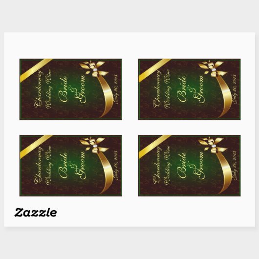 ミュートされたグリーンレース&金ゴールド結婚のワインラベルシール 長方形シール (シート)