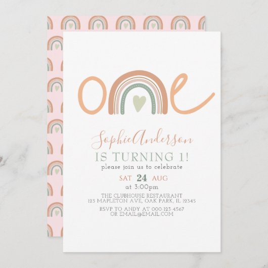 ミュートされたトーンパステルボホレインボー1st誕生日 招待状 (正面/裏面)