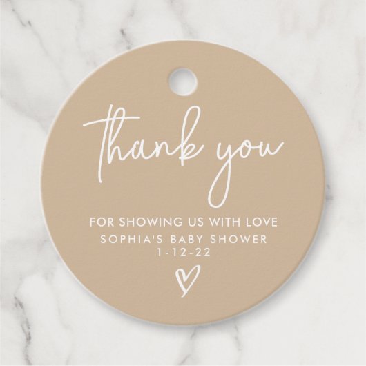 ミュートされたトーンモダンミニマルBoho Baby Shower フェイバータグ (正面)