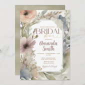 ミュートされたニュートラルワイルドフラワーブライダルシャワーの水色 招待状 (正面/裏面)