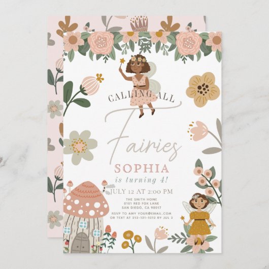 ミュートされたピンクのフローラダークスキン妖精の女の子誕生日 招待状 (正面/裏面)