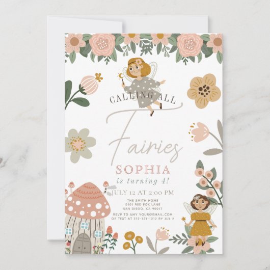 ミュートされたピンクのフローラフェアリーガール誕生日 招待状 (正面)