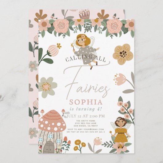 ミュートされたピンクのフローラフェアリーガール誕生日 招待状 (正面/裏面)
