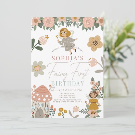 ミュートされたピンクのフローラ妖精の最初の誕生日 招待状 (スタンド正面)