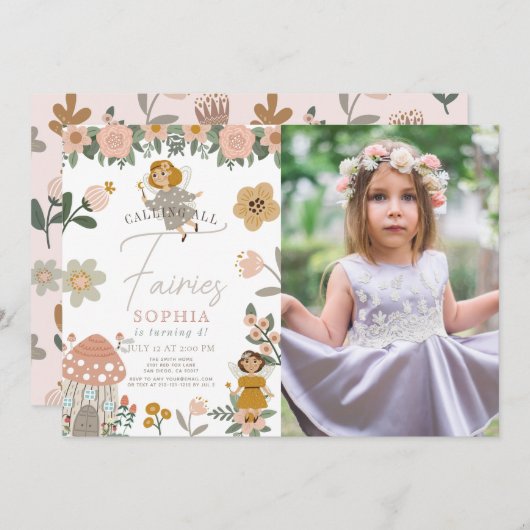 ミュートされたピンクのフローラ妖精ガール誕生日写真 招待状 (正面/裏面)