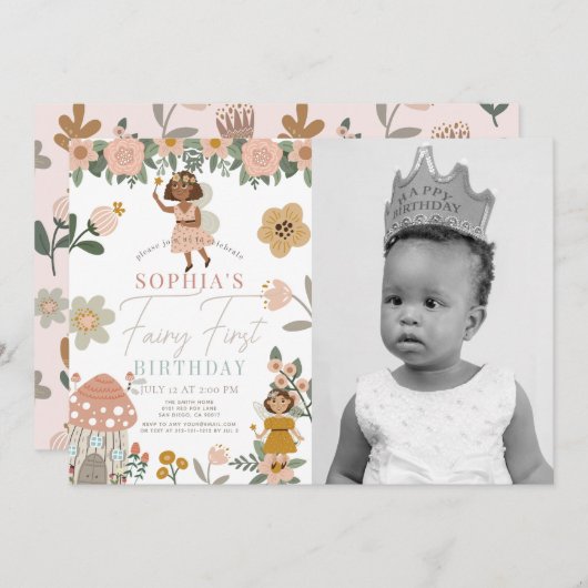 ミュートされたピンクのフローラ妖精ファースト誕生日写真 招待状 (正面/裏面)