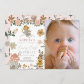 ミュートされたピンクのフローラ妖精ファースト誕生日写真 招待状 (正面/裏面)