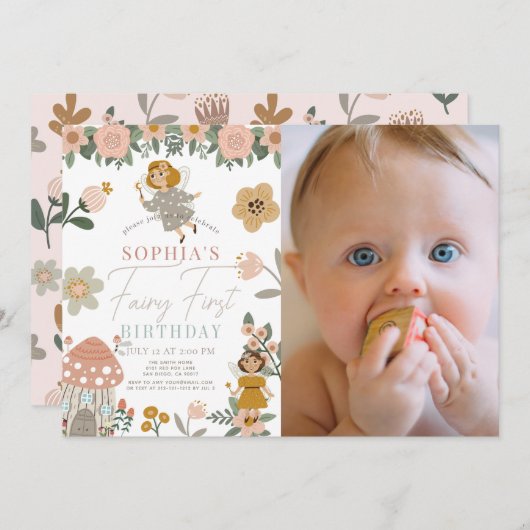ミュートされたピンクのフローラ妖精ファースト誕生日写真 招待状 (正面/裏面)