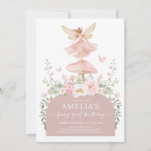 ミュートされたピンクの森の妖精の最初の誕生日パーティー 招待状 (正面)