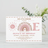 ミュートされたピンクブラウンレインボー&サンシャイン1st誕生日 招待状 (スタンド正面)