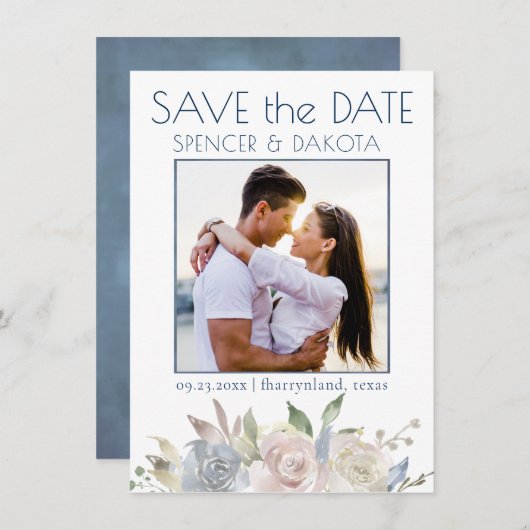 ミュートされたフローラガーランド |青い黄色のピンク色の写真 セーブザデート (正面/裏面)