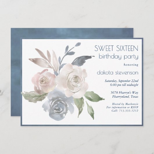 ミュートされたフローラブーケ |ブルークリームピンク甘い16 招待状 (正面/裏面)