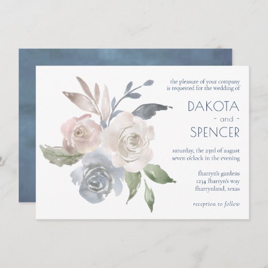 ミュートされたフローラブーケ |ブルークリームピンク結婚ズ 招待状 (正面/裏面)