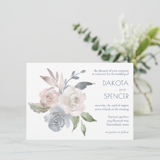 ミュートされたフローラブーケ |ブルークリームピンク結婚ズ 招待状 (スタンド正面)