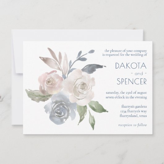 ミュートされたフローラブーケ |ブルークリームピンク結婚ズ 招待状 (正面)