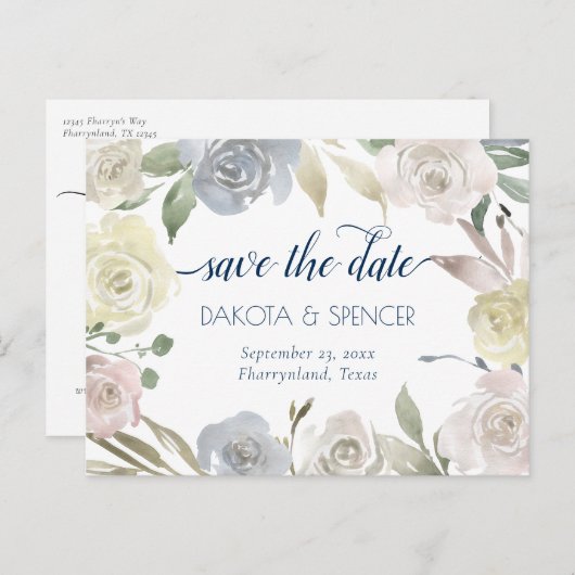 ミュートされたフローラリース |ブルーピンクイエロー結婚ズ 案内ポストカード (正面/裏面)