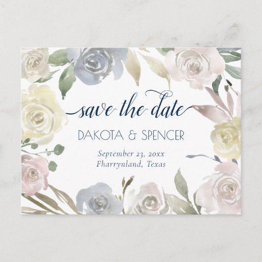 ミュートされたフローラリース |ブルーピンクイエロー結婚ズ 案内ポストカード (正面)