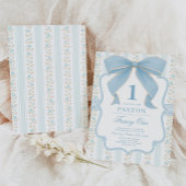 ミュートされたブルーボウヴィンテージフローラ1st誕生日パーティー 招待状