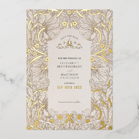 ミュートされたホワイトパーペネルヴィンテージモリスの日付を保存 箔招待状 (正面)