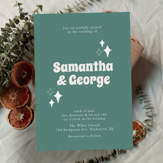 ミュートされたミントグリーン70s Groovy結婚の 招待状