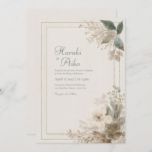 ミュートされたワイルドフラワー結婚フォーク 招待状 (正面/裏面)