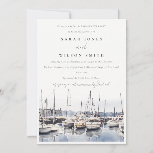 ミュートされた沿岸のボートでハーバーシースケープ婚約 招待状 (正面)