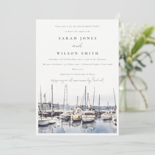 ミュートされた沿岸のボートでハーバーシースケープ婚約 招待状 (スタンド正面)
