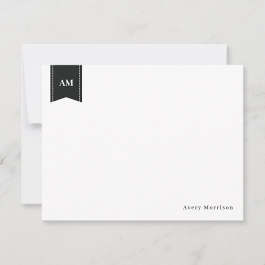 ミュートされた白黒名とイニシャル ノートカード (正面)