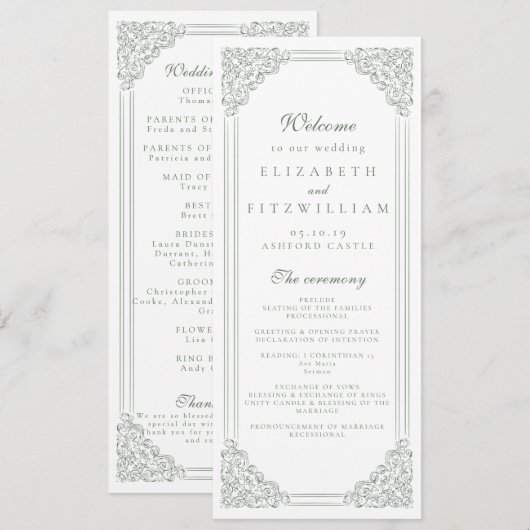 ミュートされた緑のヴィンテージフレームエレガントスクリプトプログラム (正面/裏面)