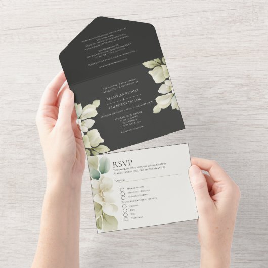 ミュートされた緑パーソナライズされたの結婚葉 オールインワン招待状 (貼ってはがせる)