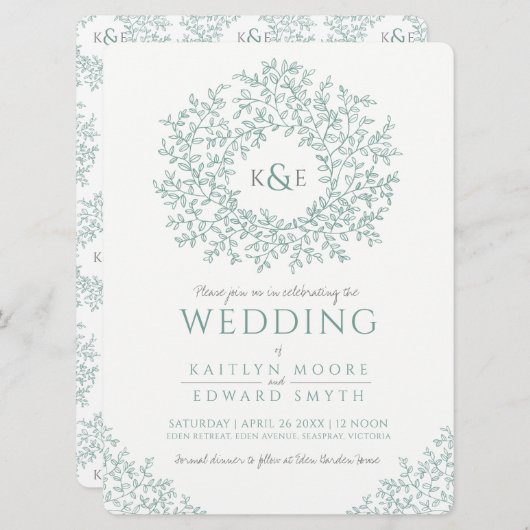 ミュートされた緑色の手描き葉モノグラム結婚アート 招待状 (正面/裏面)
