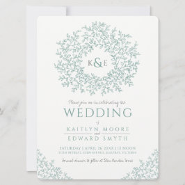 ミュートされた緑色の手描き葉モノグラム結婚アート 招待状