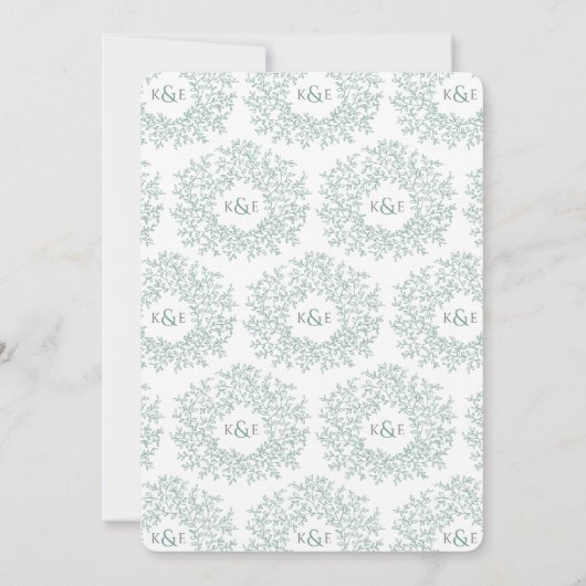 ミュートされた緑色の手描き葉モノグラム結婚アート 招待状 (裏面)
