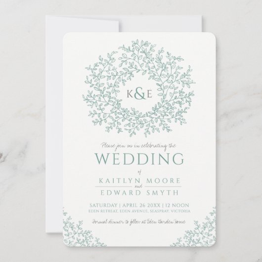 ミュートされた緑色の手描き葉モノグラム結婚アート 招待状 (正面)