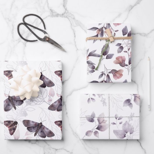 ミュートされた茶色の水色の蝶と葉 ラッピングペーパーシート (正面)