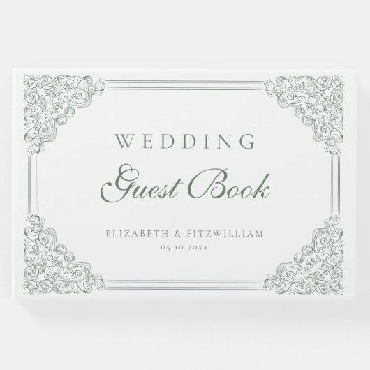 ミュートされた華美緑の縁どヴィンテージ結婚フレーム ゲストブック (正面)