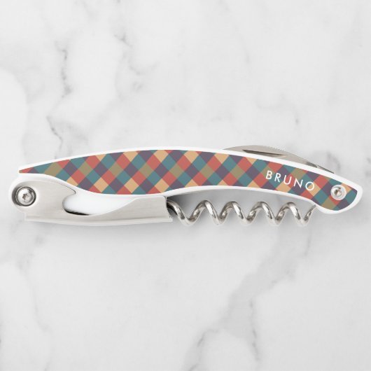 ミュートされた赤い緑とベージュの格子模様 ソムリエナイフ (正面)