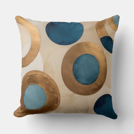 ミュートされた銅と青の円とリング クッション (正面)