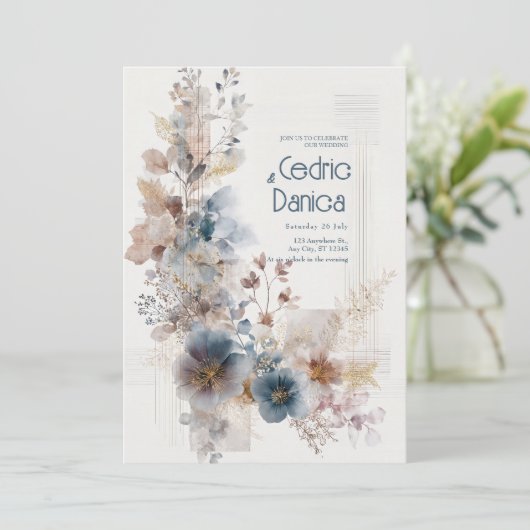 ミュートされた青のフォーク結婚フローラ 招待状 (スタンド正面)