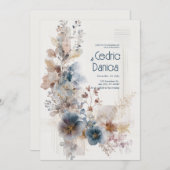 ミュートされた青のフォーク結婚フローラ 招待状 (正面/裏面)