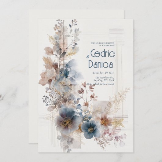 ミュートされた青のフォーク結婚フローラ 招待状 (正面/裏面)