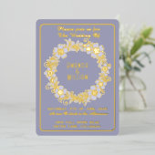 ミュートされた青Bgのミニマル金ゴールドフローラリース 箔招待状 (立ち正面)