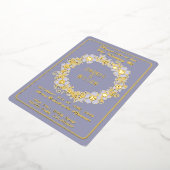 ミュートされた青Bgのミニマル金ゴールドフローラリース 箔招待状 (回転した状態)