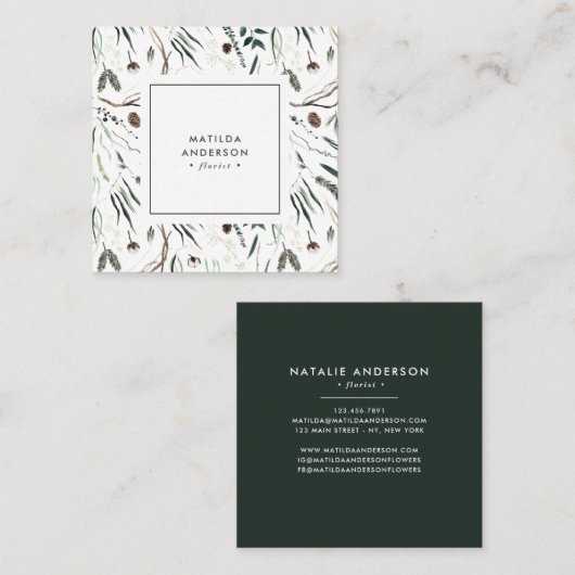 ミュートした水色モダンフローラスタイリッシュsqu スクエア名刺 (正面/裏面)