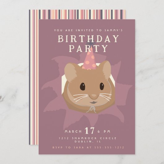 ミュートのトーンでかわいい誕生日ハムスター 招待状 (正面/裏面)