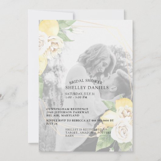 ミュートエレガントされたフォトレモンとフローラブライダルシャワー 招待状 (正面)