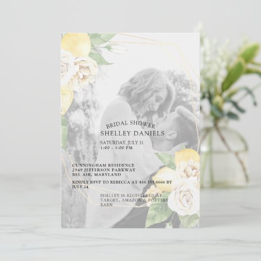 ミュートエレガントされたフォトレモンとフローラブライダルシャワー 招待状 (スタンド正面)