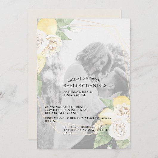 ミュートエレガントされたフォトレモンとフローラブライダルシャワー 招待状 (正面/裏面)