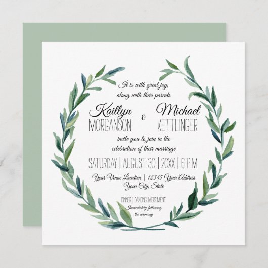 ミュートサージローレルリースオリーブリーフブランチモダン 招待状 (正面/裏面)